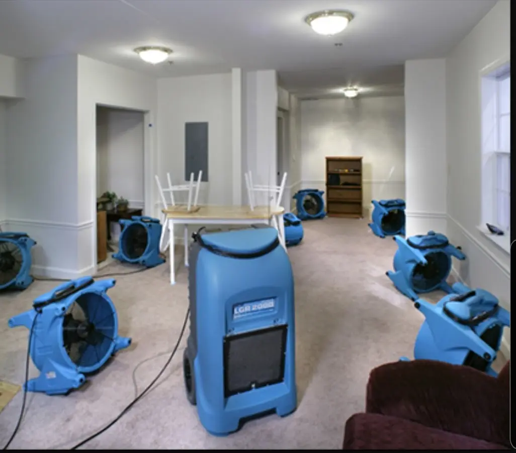 Air movers and dehumidifier setup for Water Damage Restoration in Cornelius